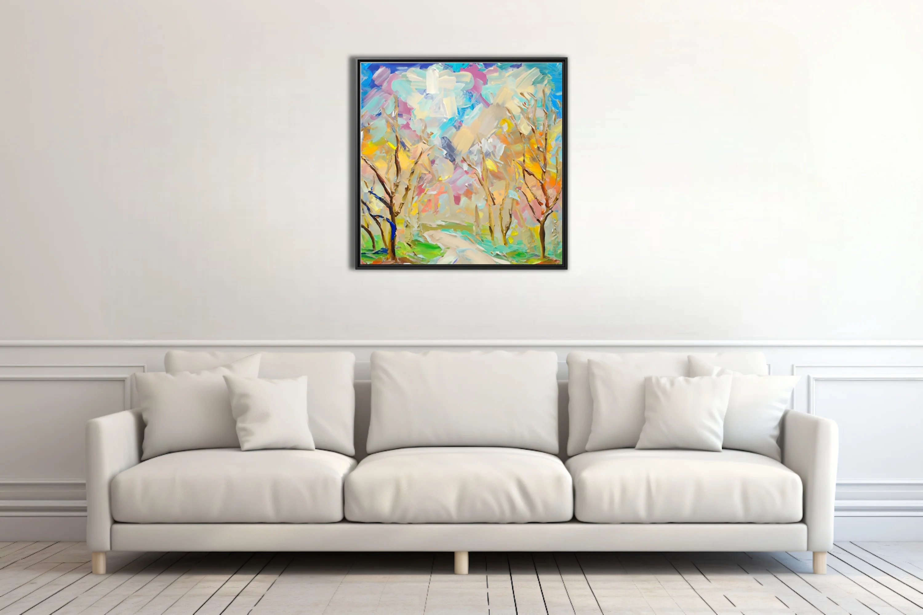 Expressive abstract landscape with bare trees in pastel pinks, blues, and yellows, thick strokes