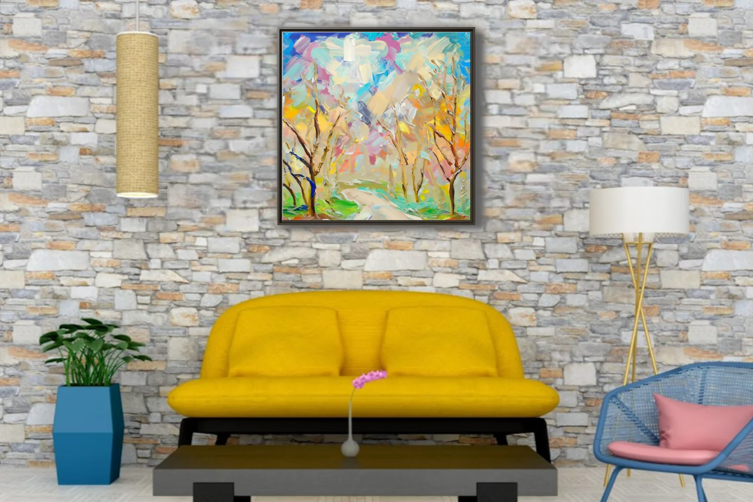 Expressive abstract landscape with bare trees in pastel pinks, blues, and yellows, thick strokes