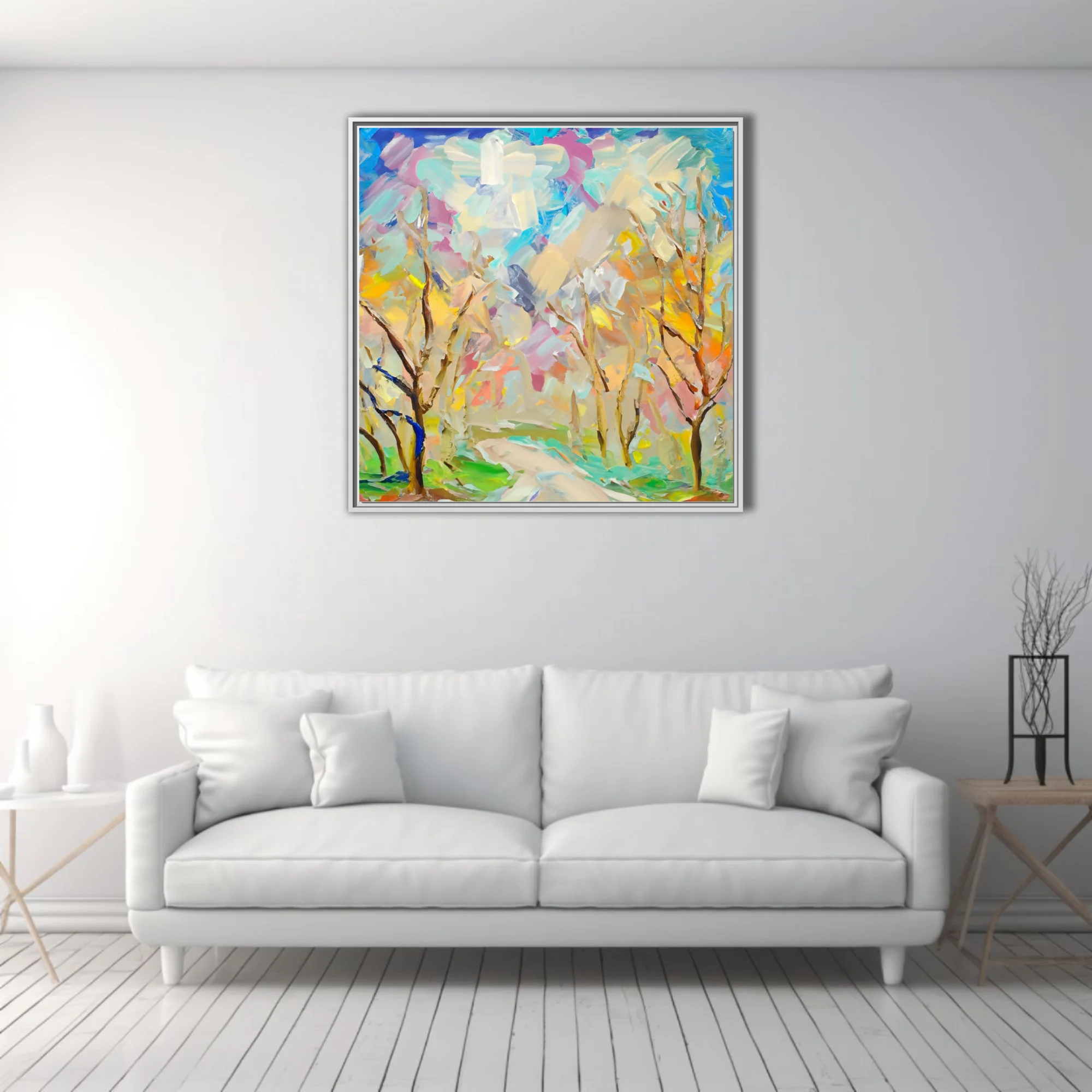 Expressive abstract landscape with bare trees in pastel pinks, blues, and yellows, thick strokes