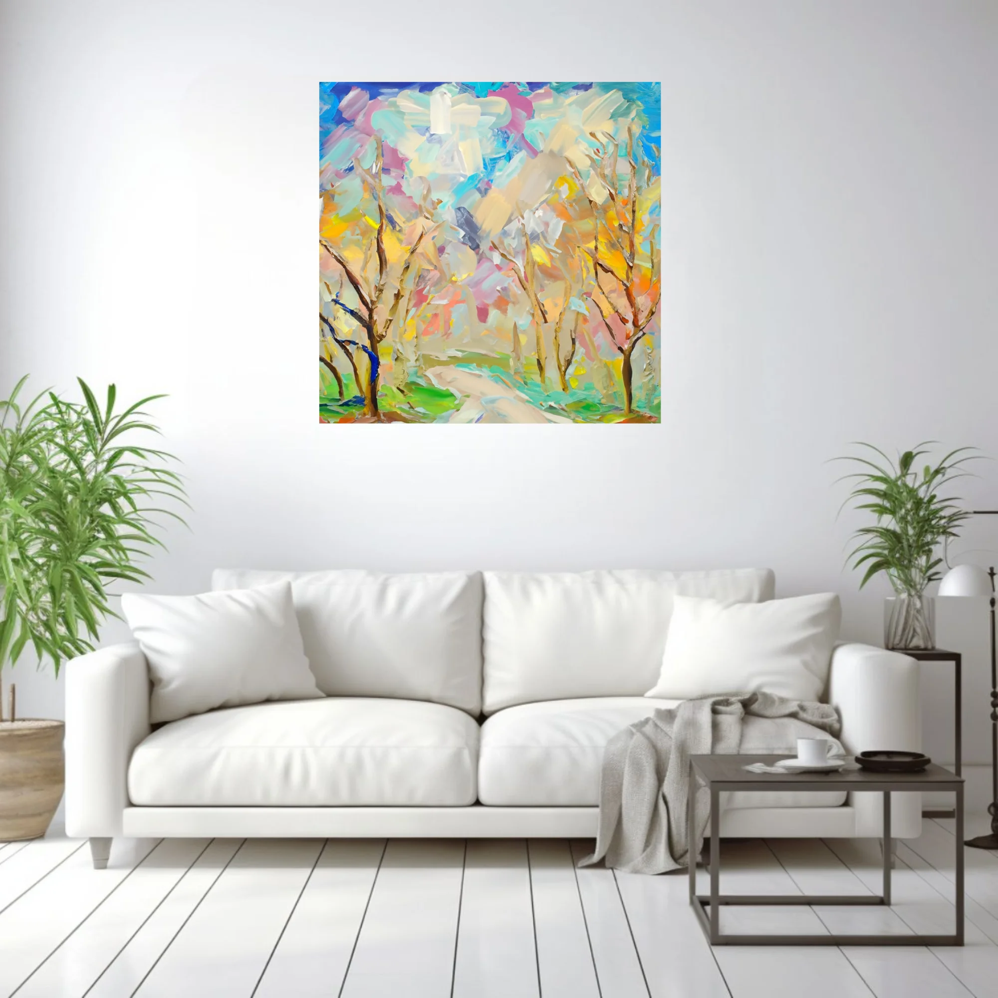 Expressive abstract landscape with bare trees in pastel pinks, blues, and yellows, thick strokes
