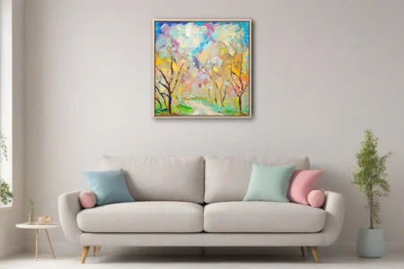 Expressive abstract landscape with bare trees in pastel pinks, blues, and yellows, thick strokes
