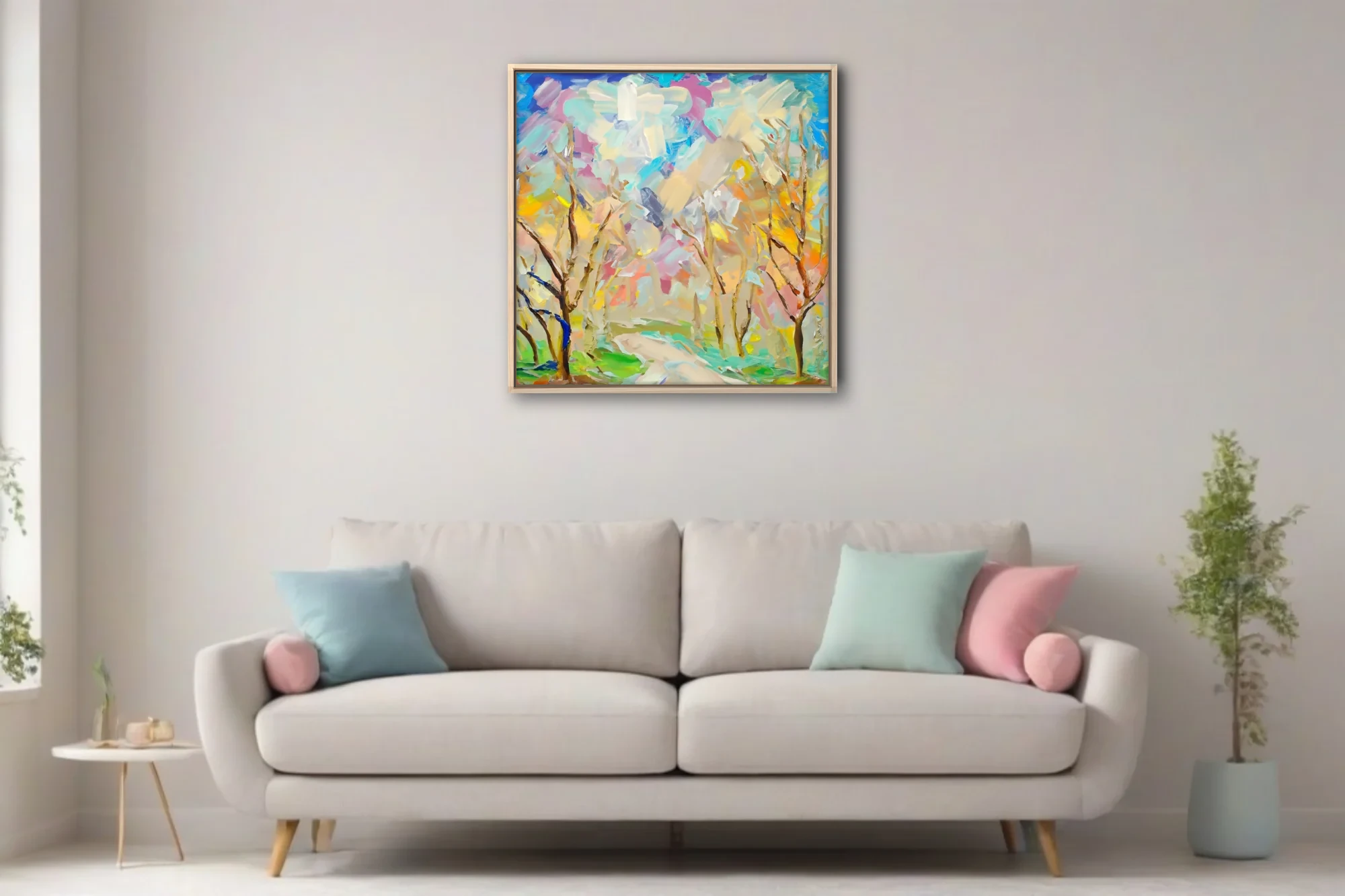 Expressive abstract landscape with bare trees in pastel pinks, blues, and yellows, thick strokes