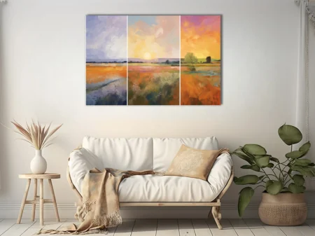 Triptych abstract landscape in lavender, gold, and orange tones with painterly fields and sky