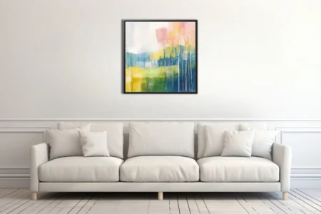 Abstract pastel landscape with slender bare trees, blue-green hills, pink and yellow washes