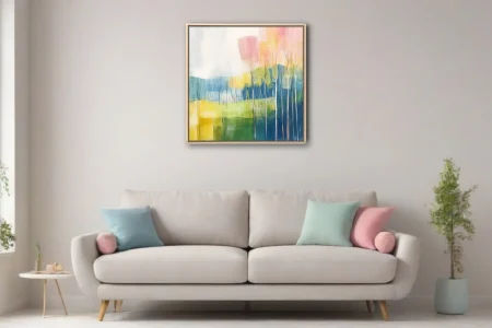 Abstract pastel landscape with slender bare trees, blue-green hills, pink and yellow washes