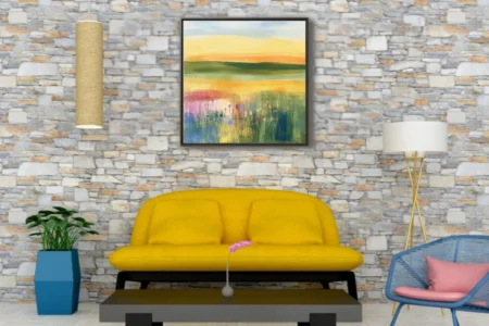 Abstract meadow landscape with wildflowers, golden horizon and soft blue sky in painterly style