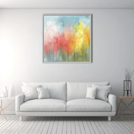 Contemporary abstract landscape with coral, yellow and soft blue washes evoking trees against sky