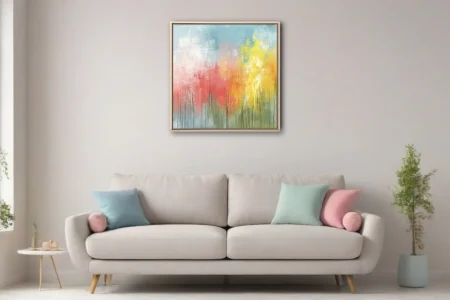 Contemporary abstract landscape with coral, yellow and soft blue washes evoking trees against sky