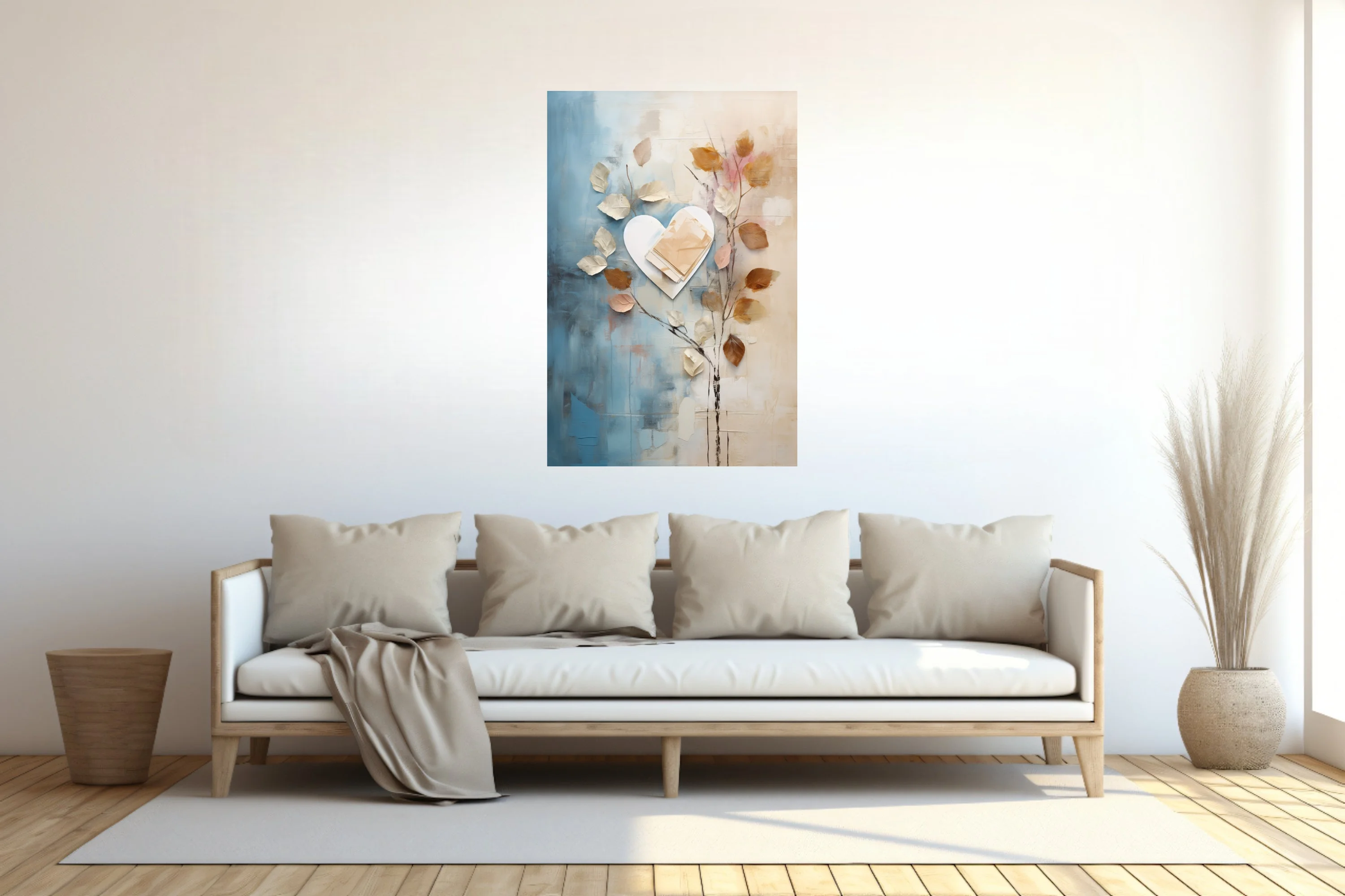 Abstract botanical collage with heart motif, blue cream and golden-brown palette
