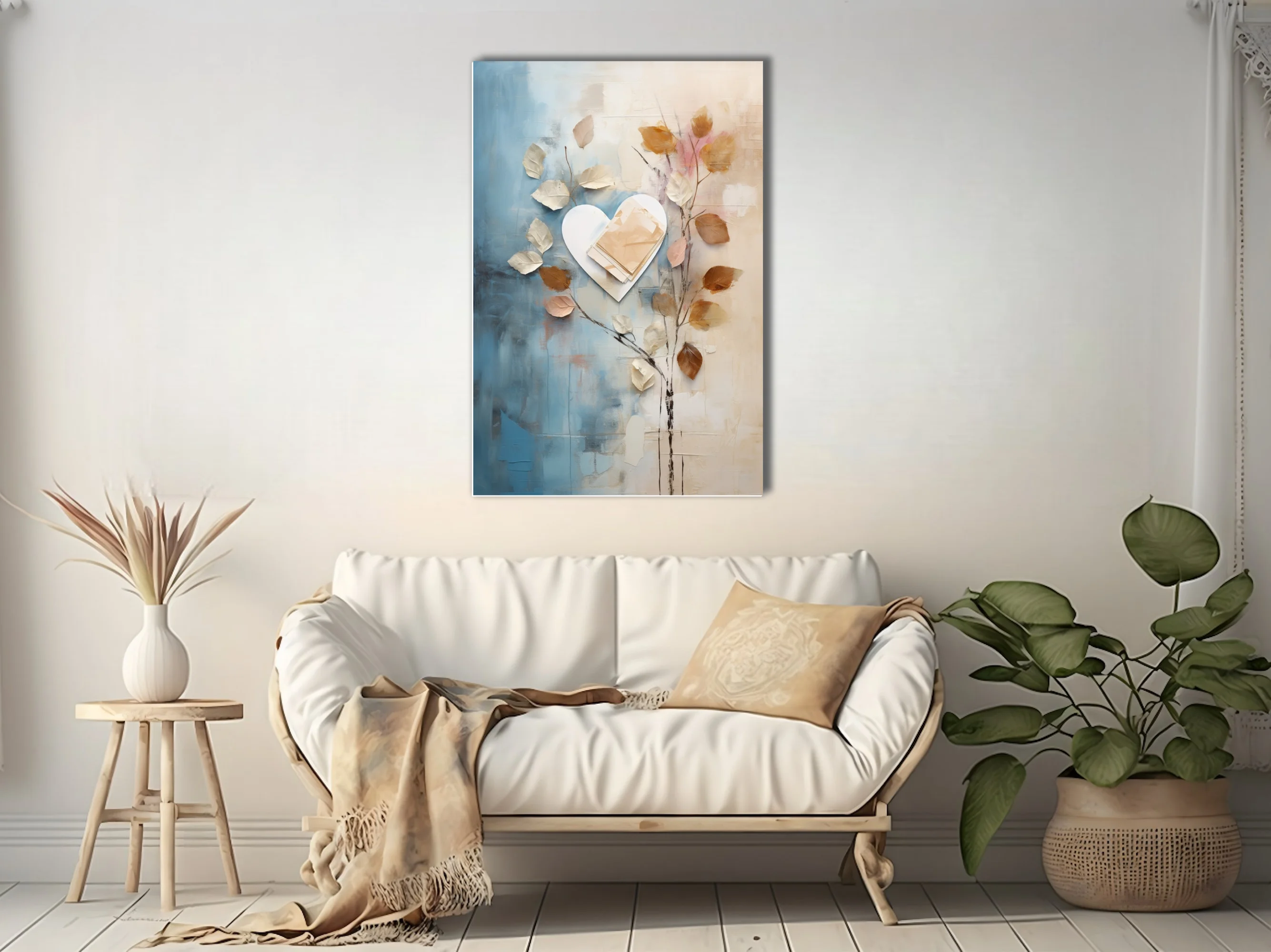 Abstract botanical collage with heart motif, blue cream and golden-brown palette