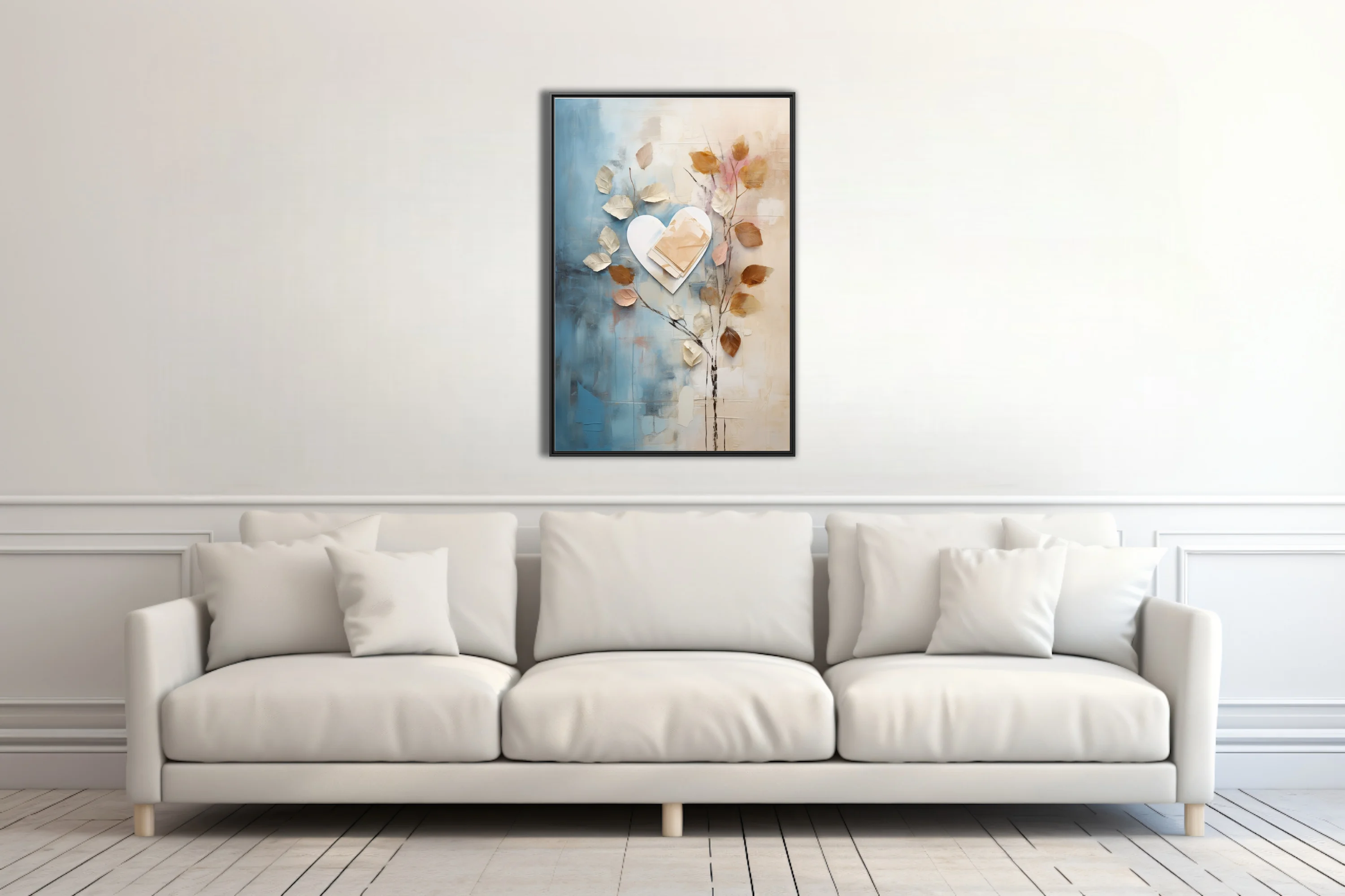 Abstract botanical collage with heart motif, blue cream and golden-brown palette