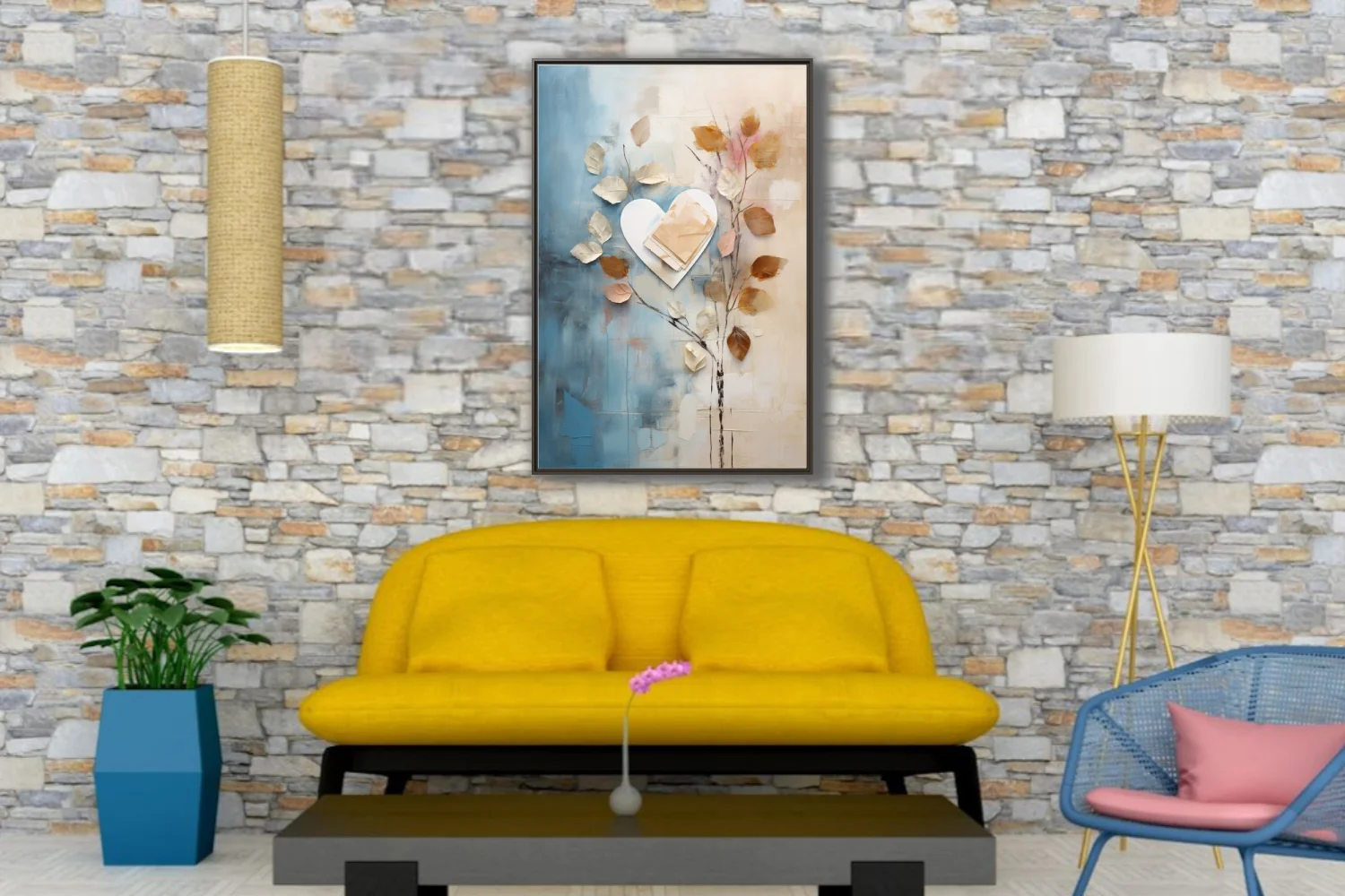 Abstract botanical collage with heart motif, blue cream and golden-brown palette