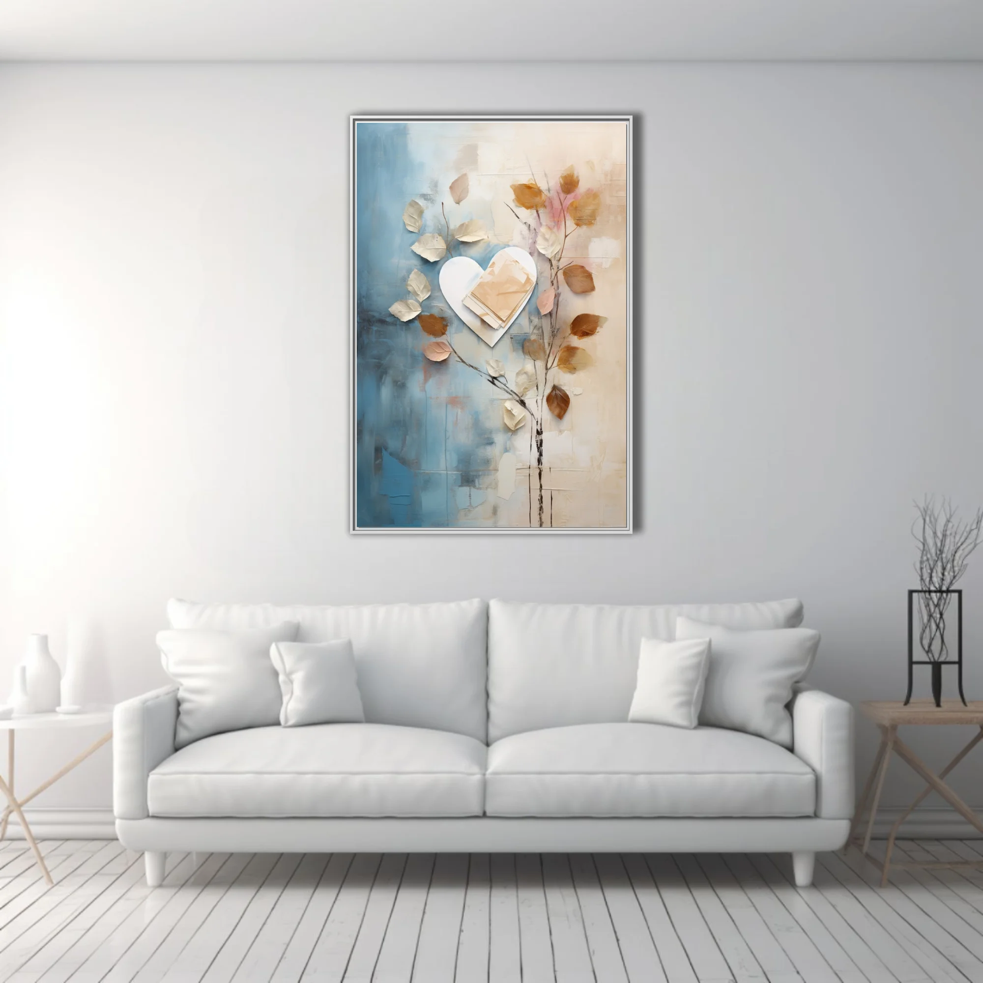 Abstract botanical collage with heart motif, blue cream and golden-brown palette