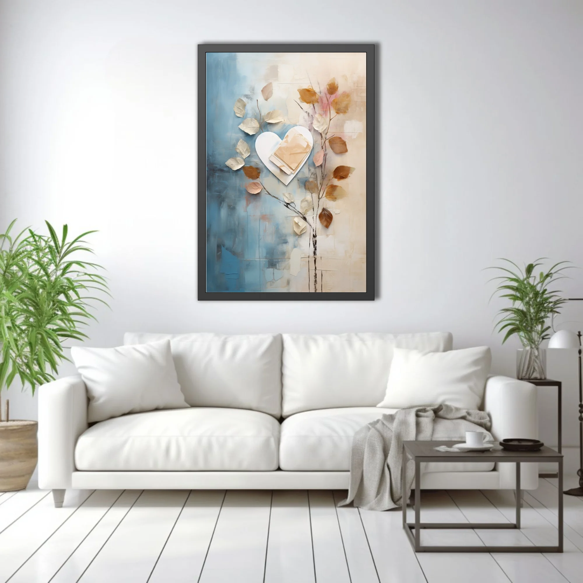 Abstract botanical collage with heart motif, blue cream and golden-brown palette