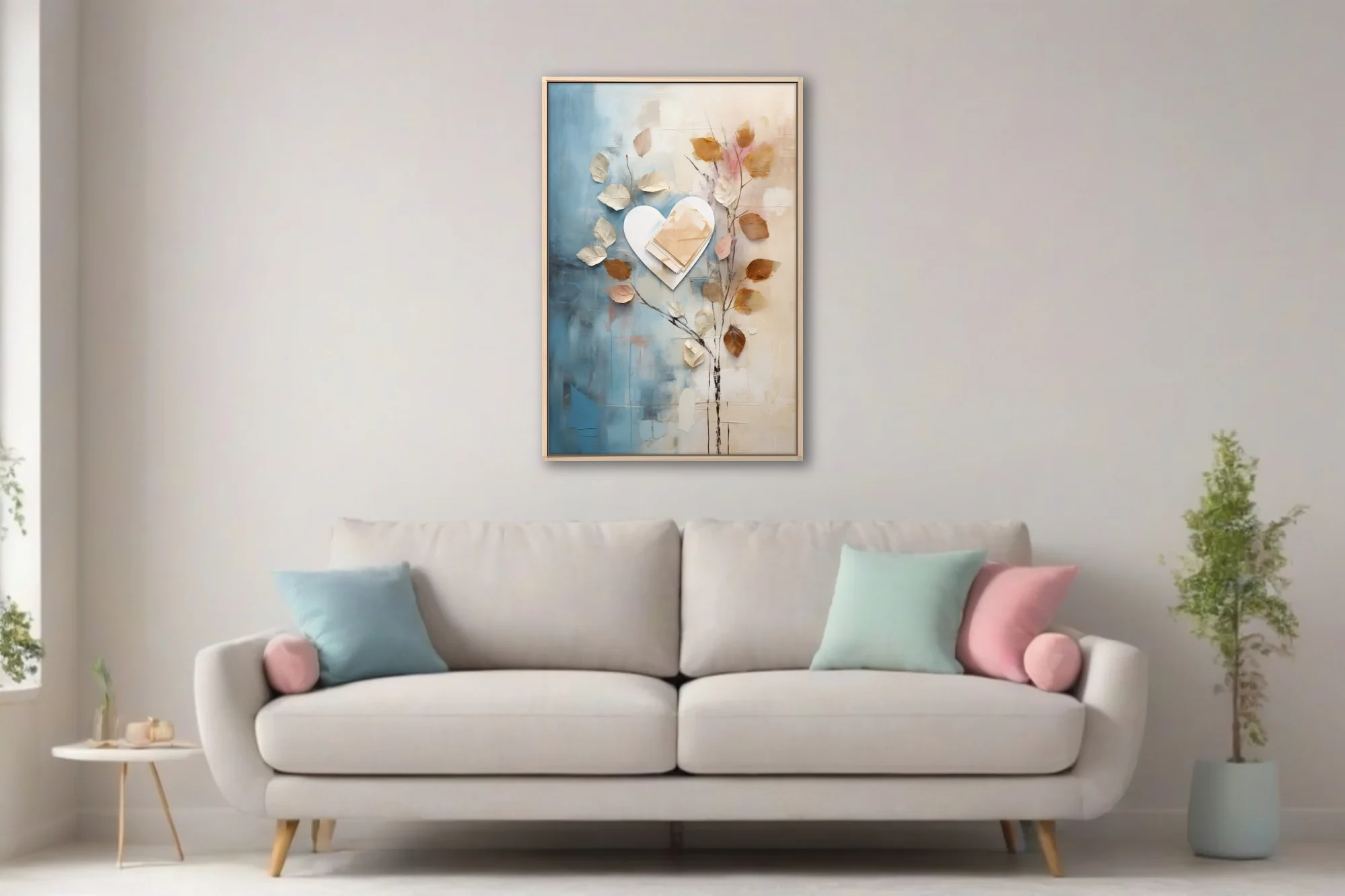 Abstract botanical collage with heart motif, blue cream and golden-brown palette