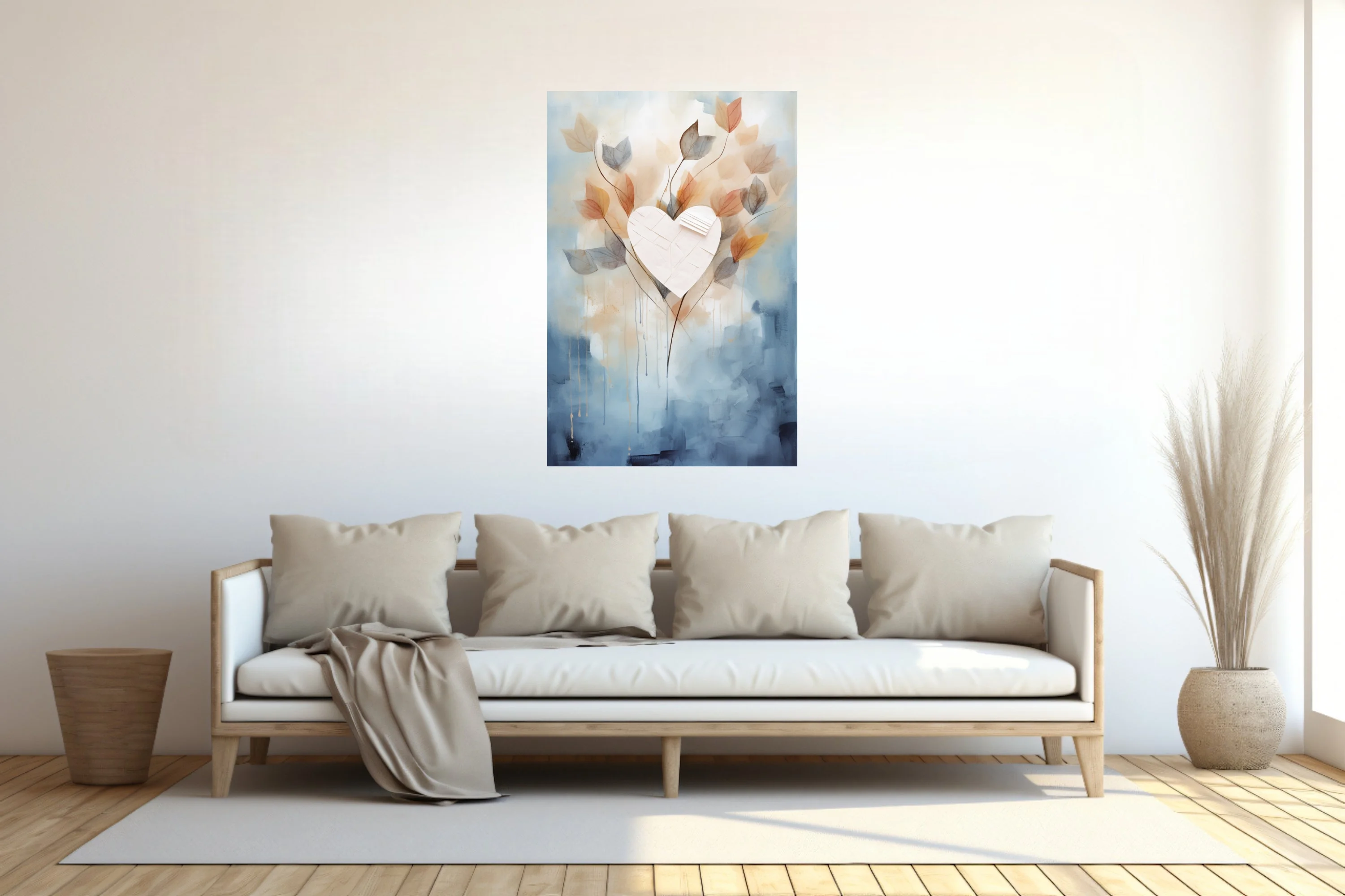 Watercolor-style abstract heart with translucent leaves in blue, blush, and amber tones