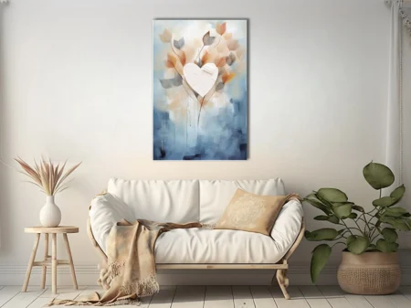 Watercolor-style abstract heart with translucent leaves in blue, blush, and amber tones