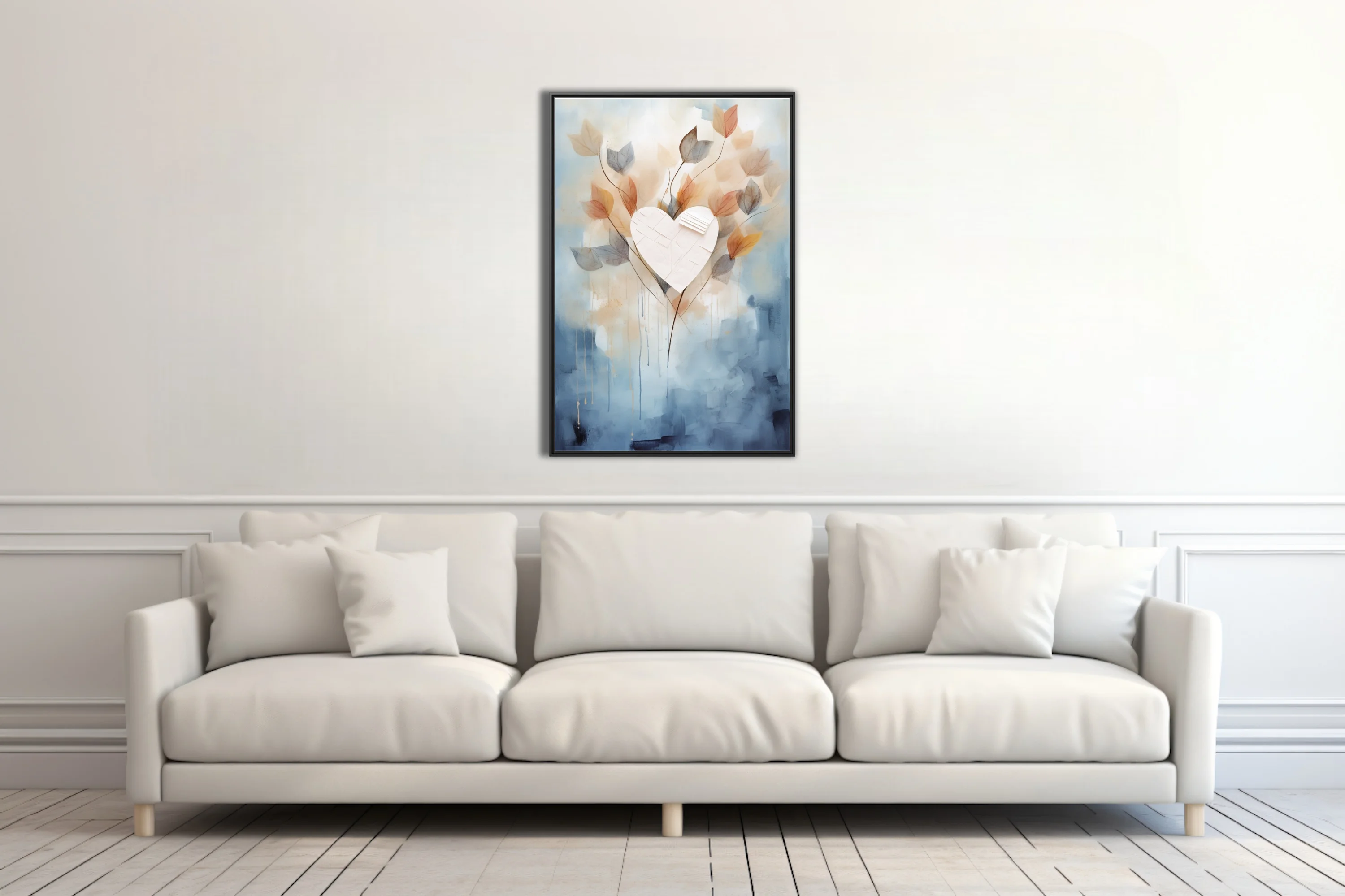 Watercolor-style abstract heart with translucent leaves in blue, blush, and amber tones