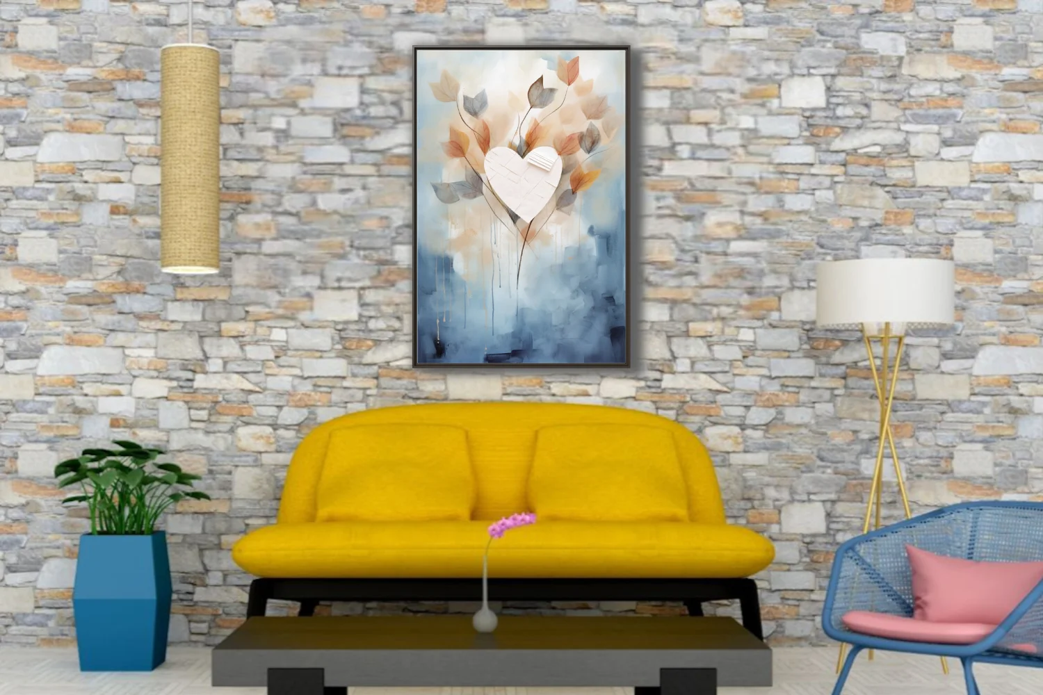 Watercolor-style abstract heart with translucent leaves in blue, blush, and amber tones