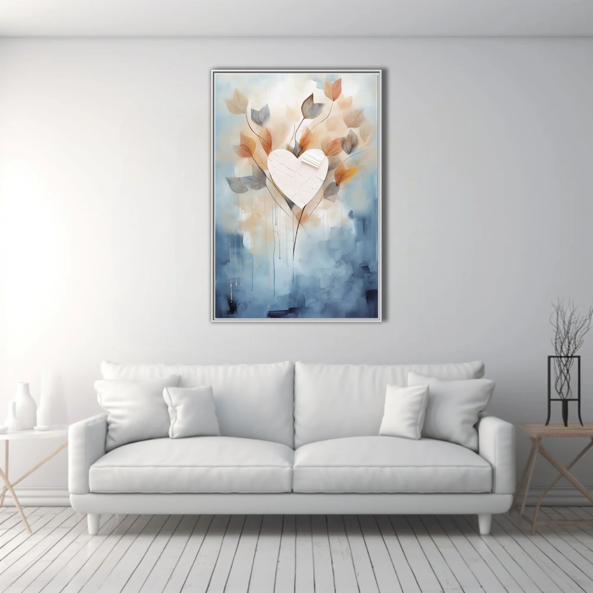 Watercolor-style abstract heart with translucent leaves in blue, blush, and amber tones