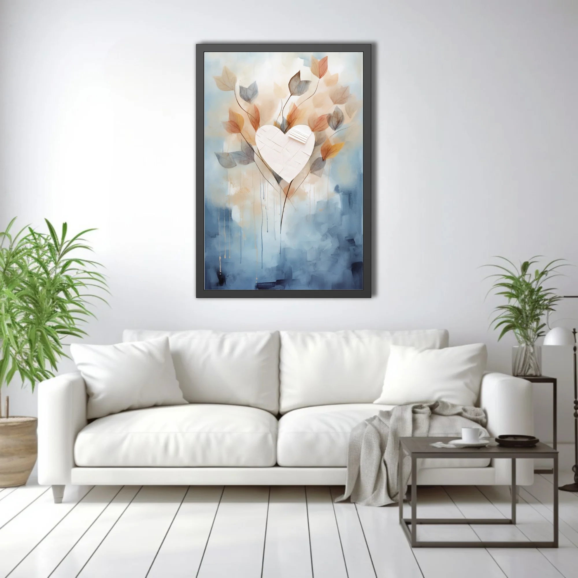 Watercolor-style abstract heart with translucent leaves in blue, blush, and amber tones
