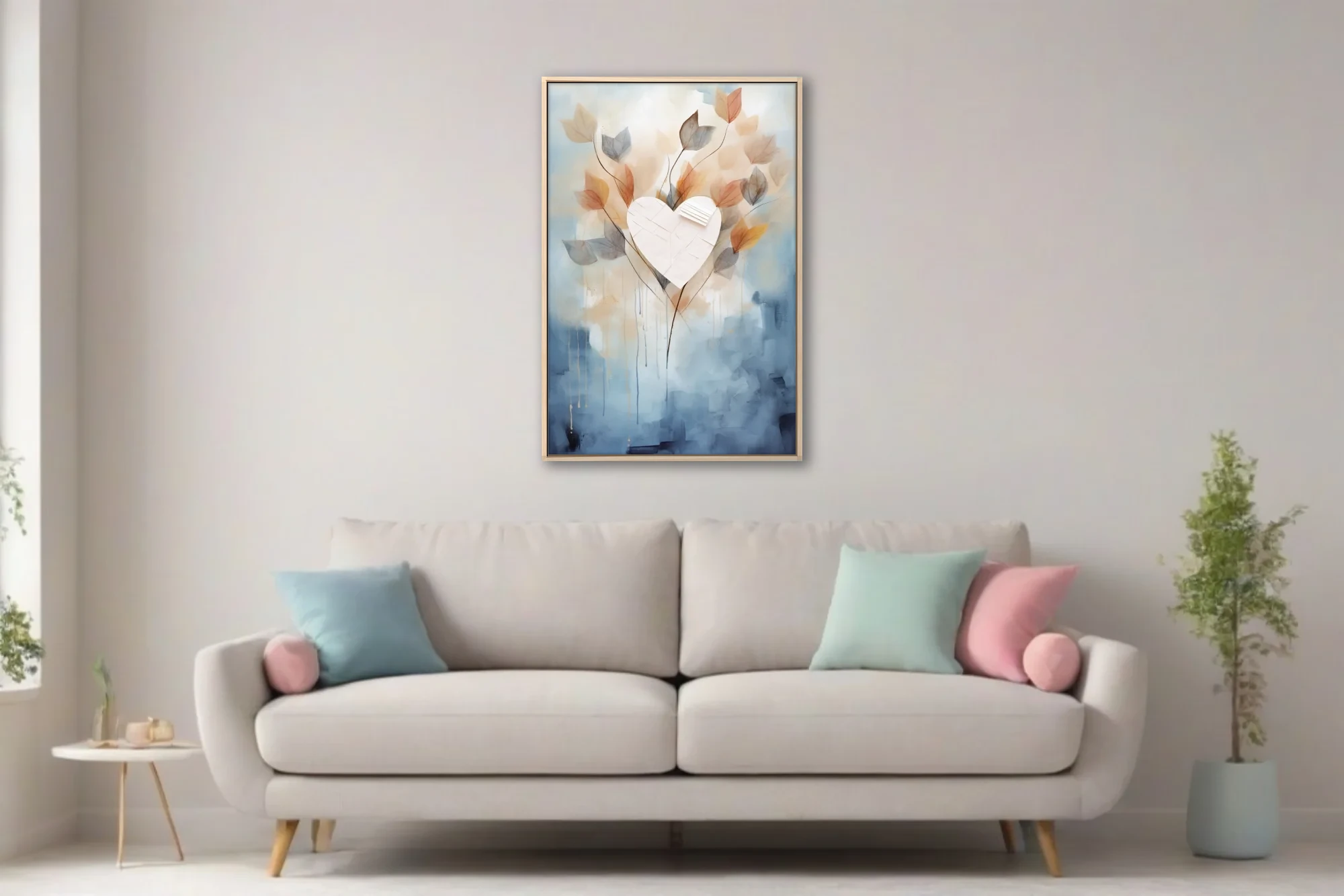 Watercolor-style abstract heart with translucent leaves in blue, blush, and amber tones