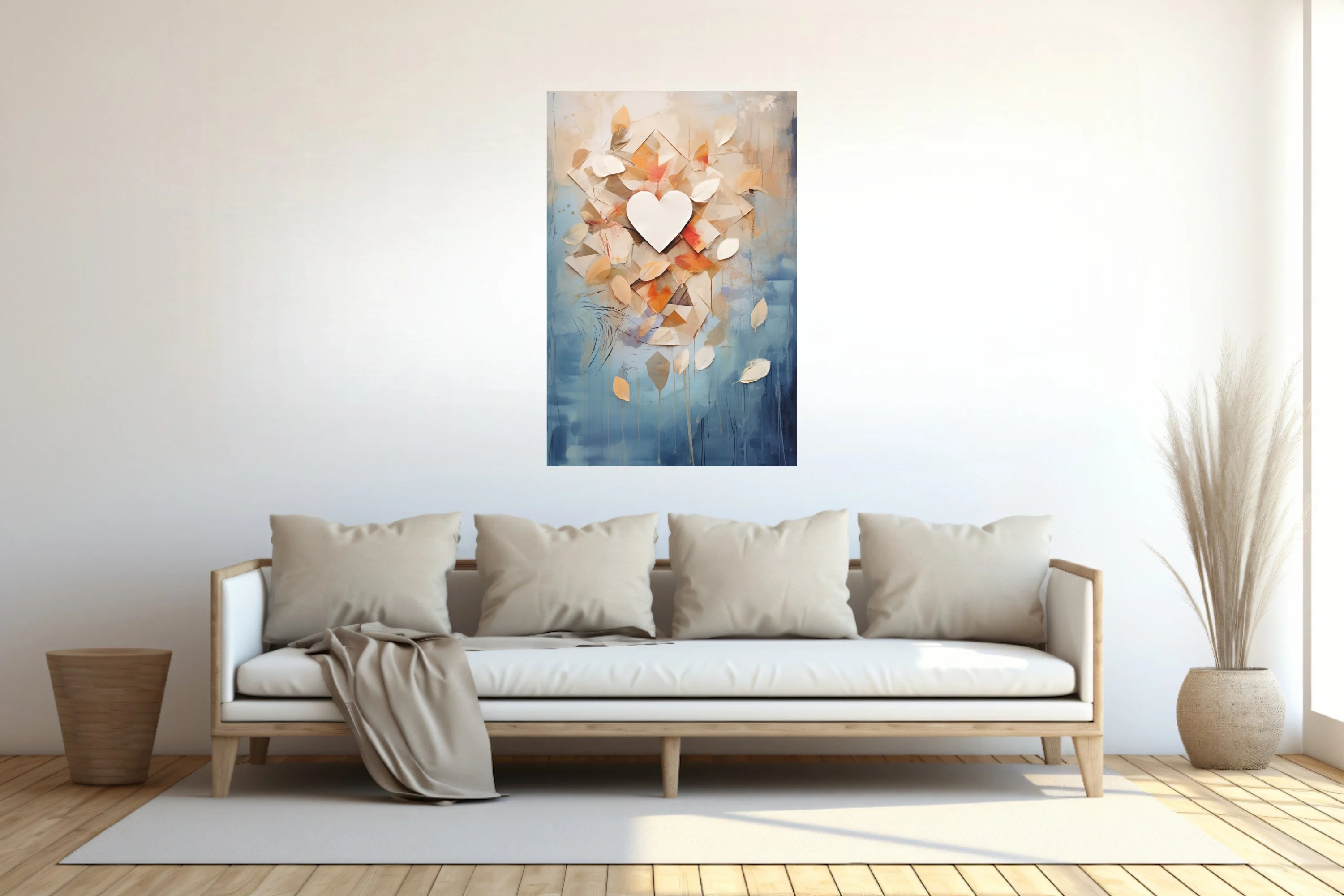 Abstract botanical collage with heart, amber leaves, geometric shapes, blue watercolor-style washes