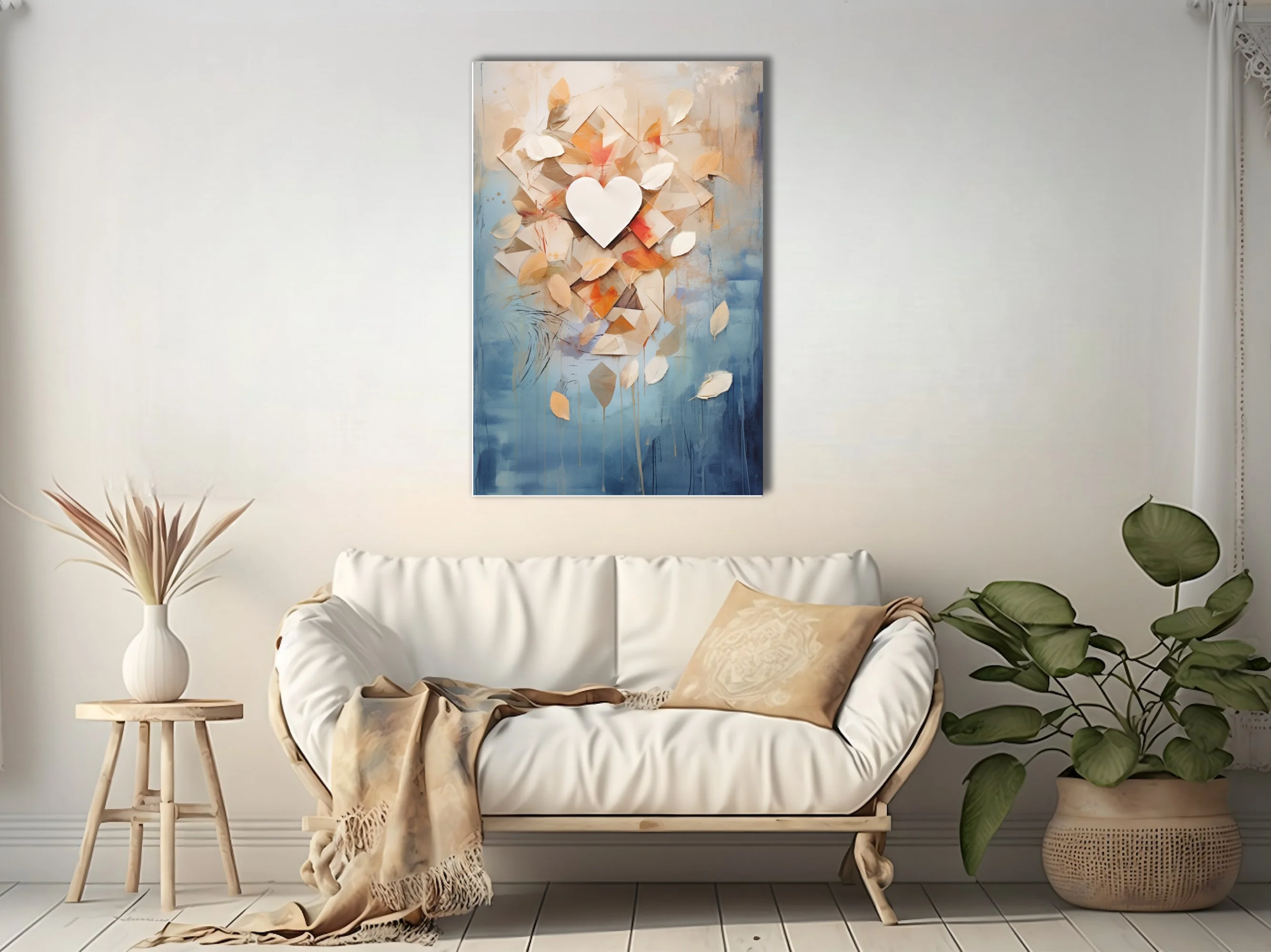 Abstract botanical collage with heart, amber leaves, geometric shapes, blue watercolor-style washes