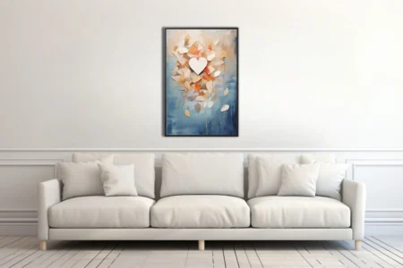 Abstract botanical collage with heart, amber leaves, geometric shapes, blue watercolor-style washes