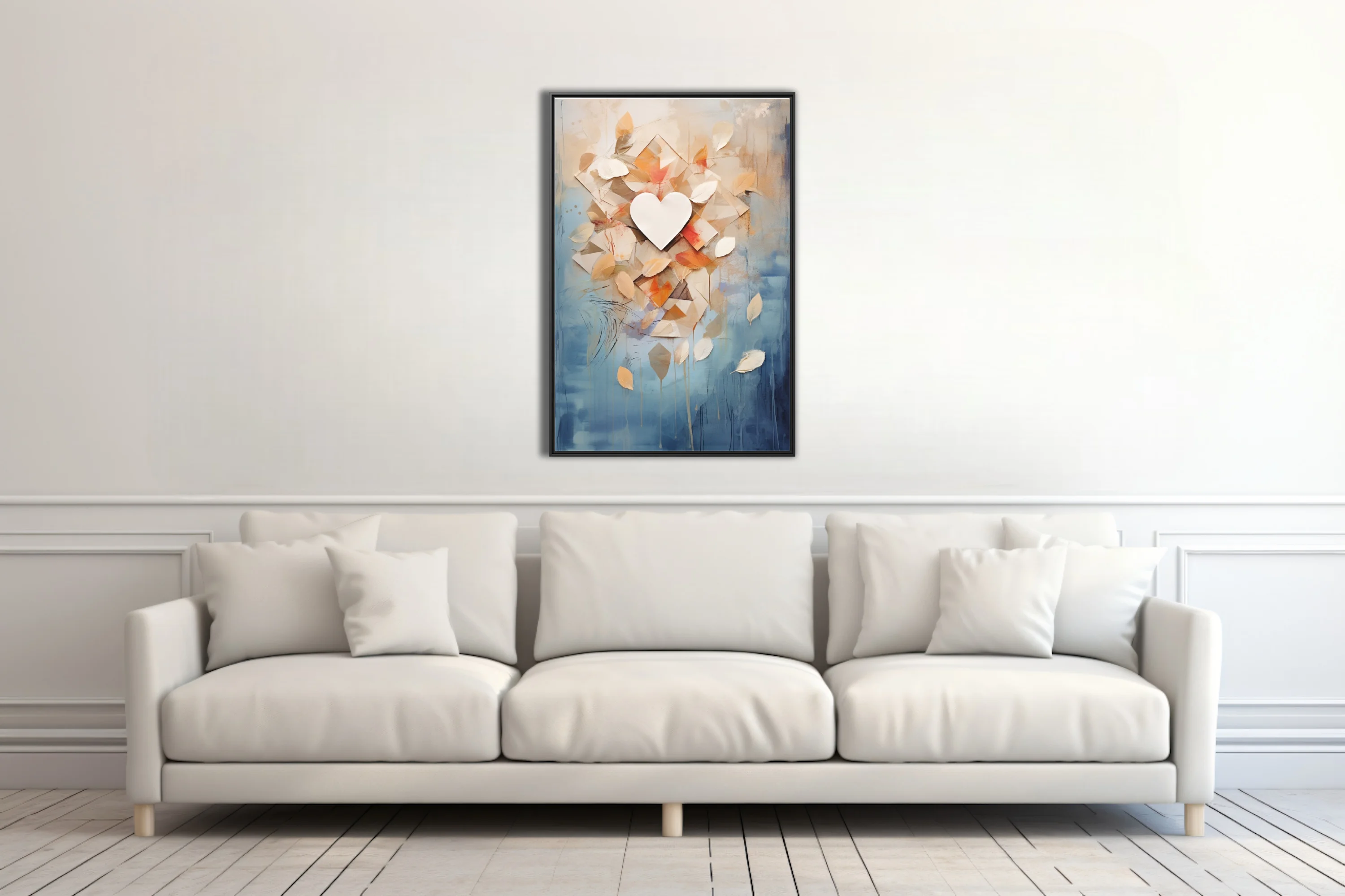 Abstract botanical collage with heart, amber leaves, geometric shapes, blue watercolor-style washes