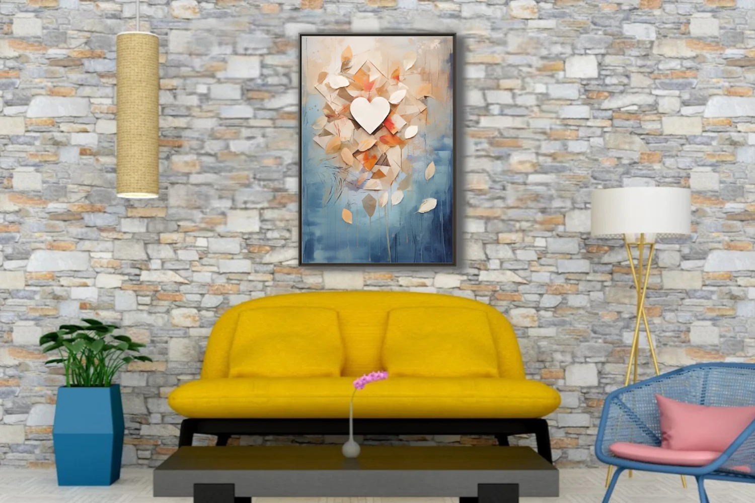 Abstract botanical collage with heart, amber leaves, geometric shapes, blue watercolor-style washes