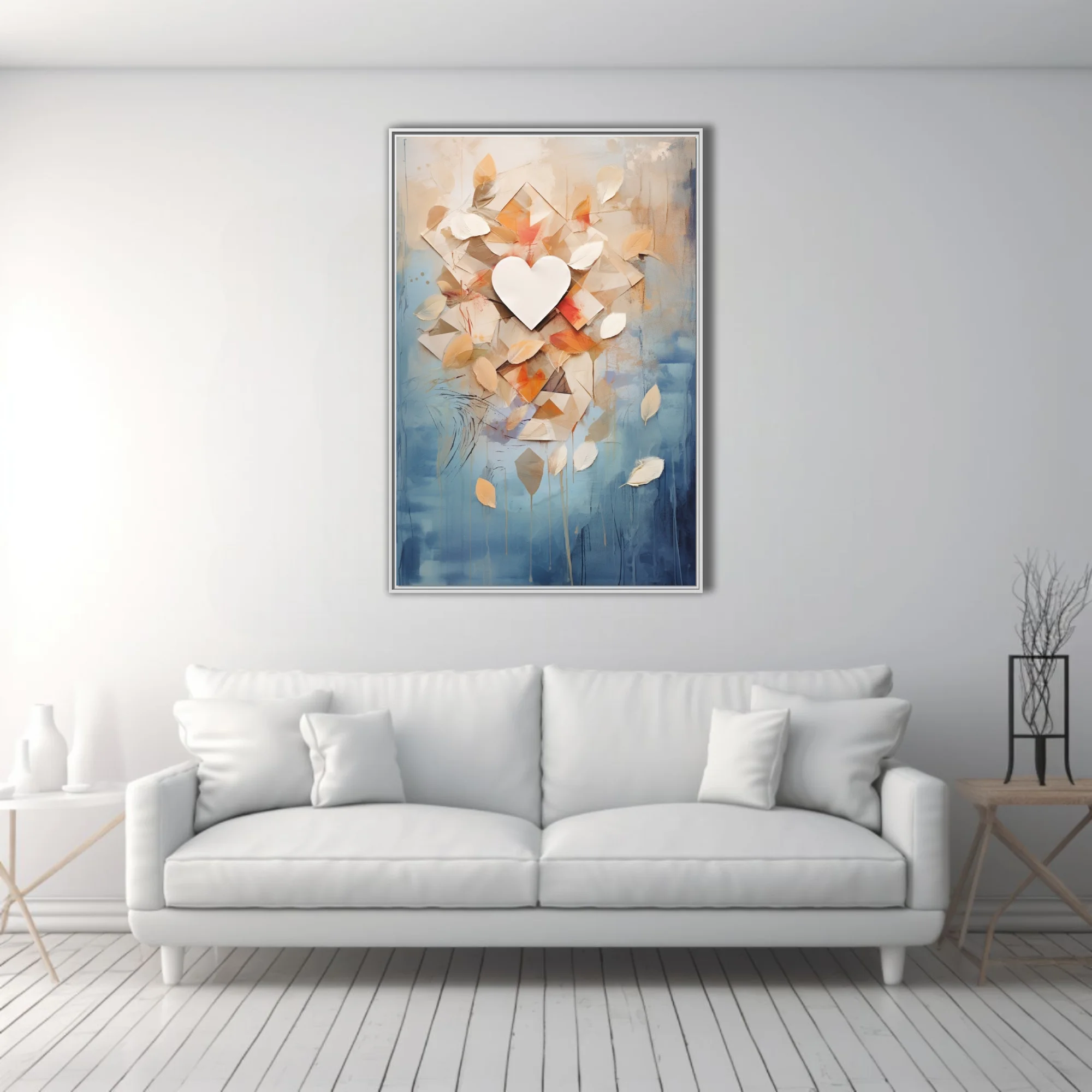 Abstract botanical collage with heart, amber leaves, geometric shapes, blue watercolor-style washes