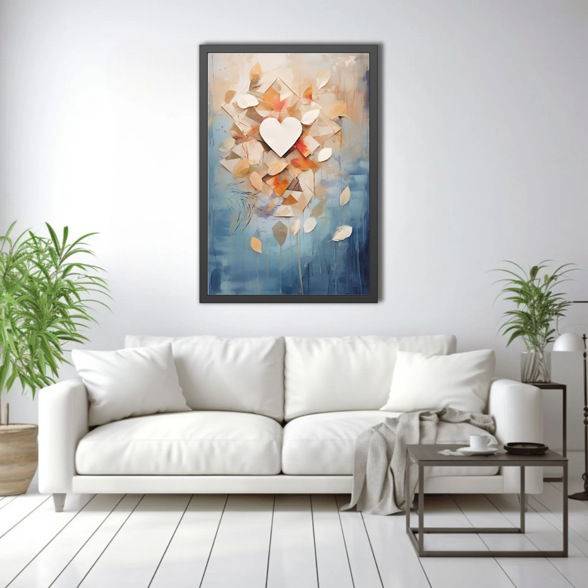 Abstract botanical collage with heart, amber leaves, geometric shapes, blue watercolor-style washes