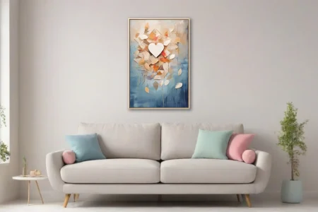 Abstract botanical collage with heart, amber leaves, geometric shapes, blue watercolor-style washes
