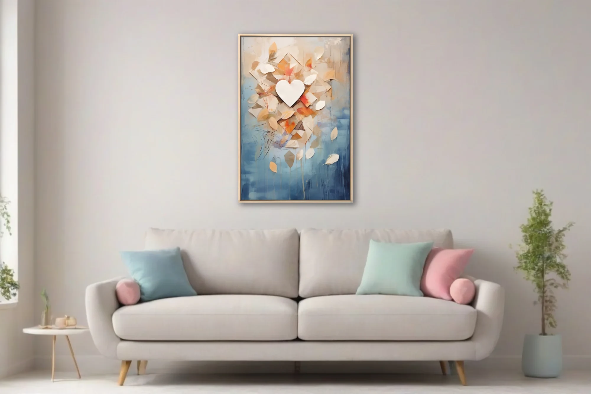 Abstract botanical collage with heart, amber leaves, geometric shapes, blue watercolor-style washes