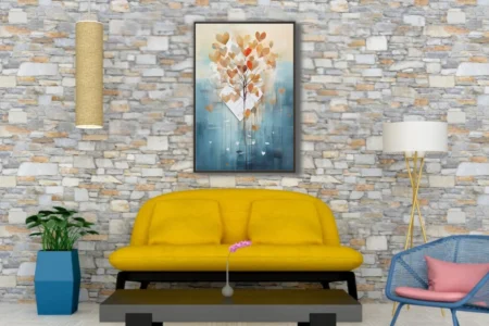 Watercolor-style heart-leaf tree in amber and teal, abstract romantic wall art