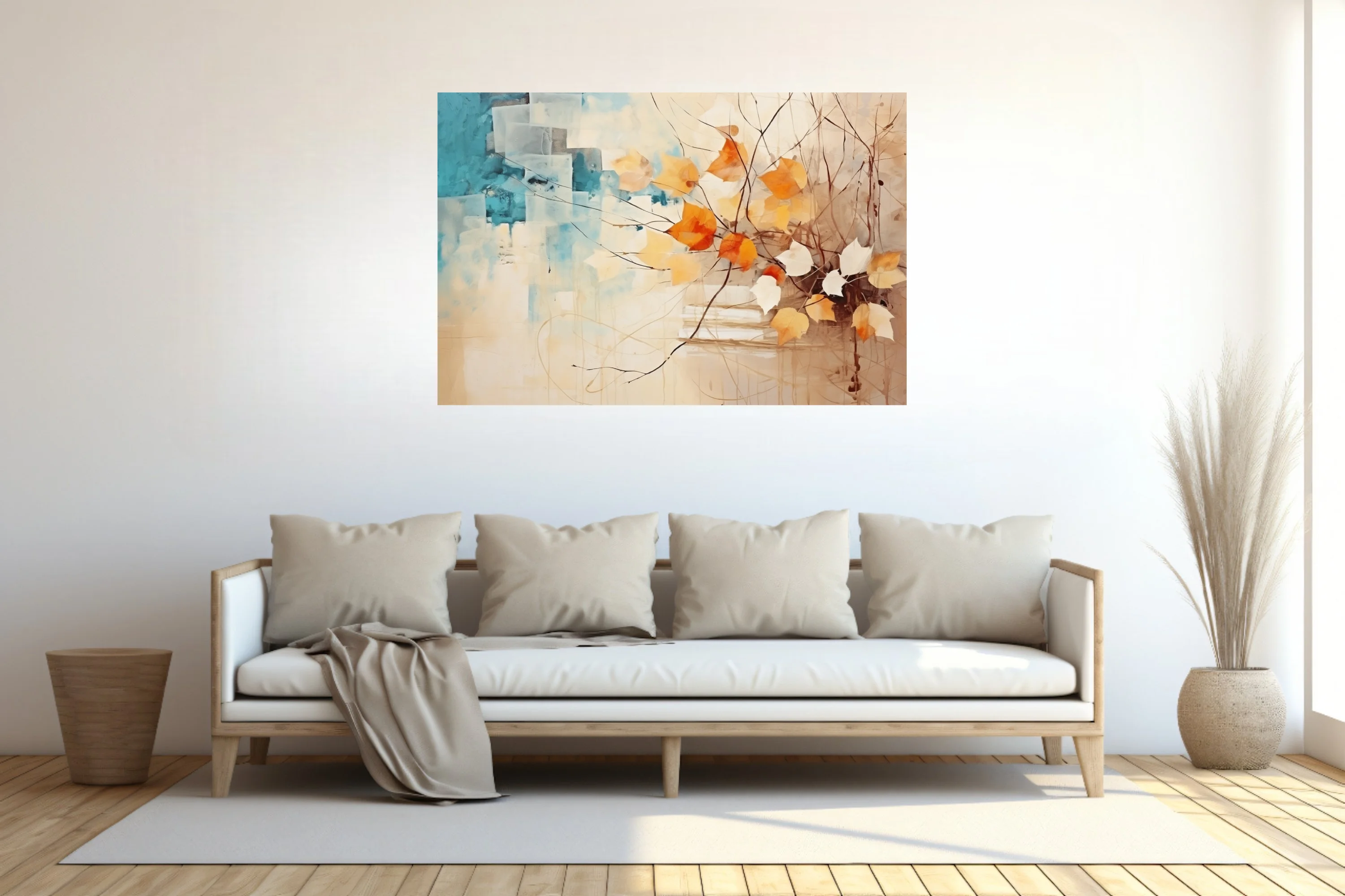 Abstract autumn botanical art with orange leaves, teal geometry, and ink-traced branches