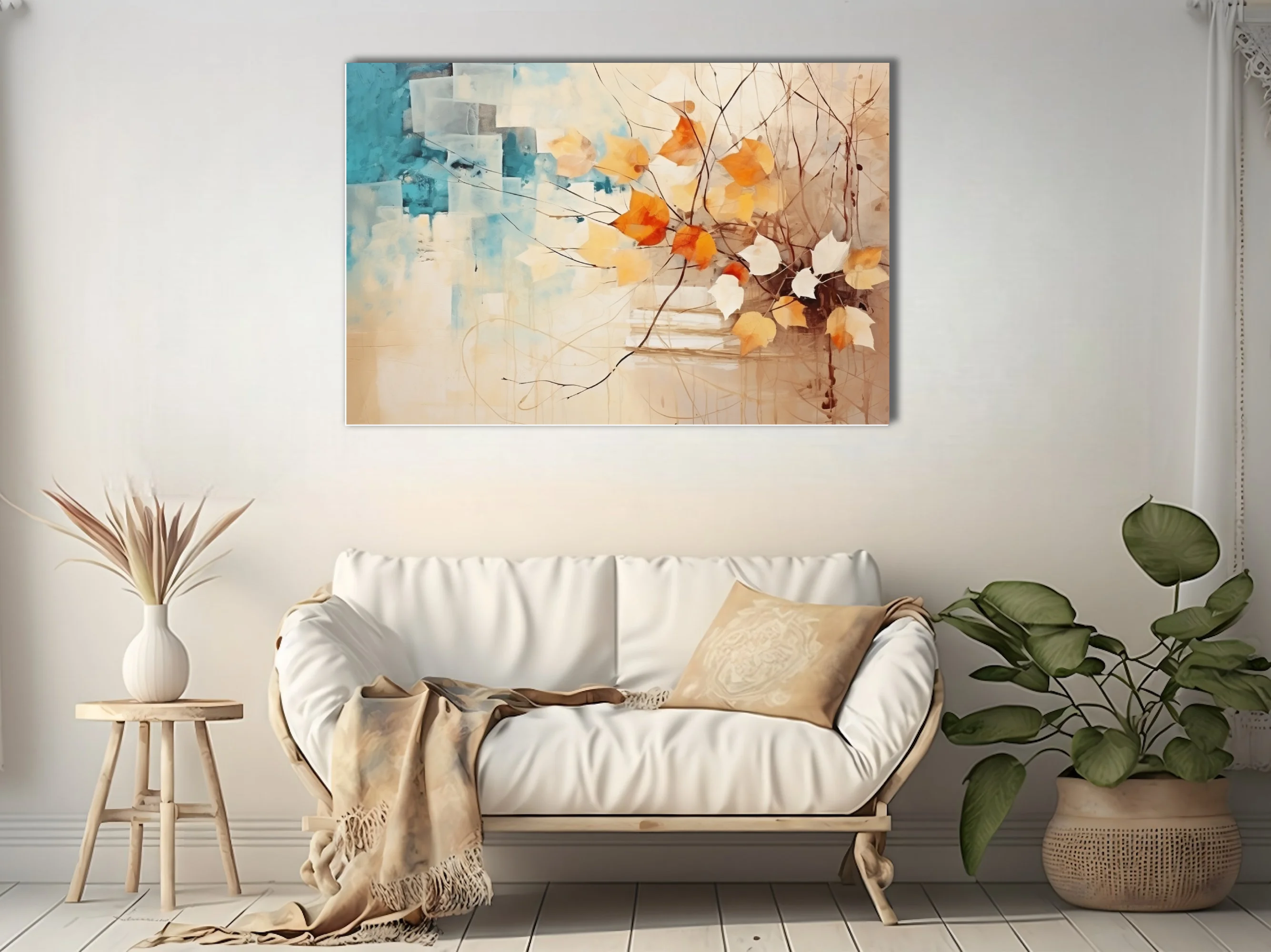 Abstract autumn botanical art with orange leaves, teal geometry, and ink-traced branches