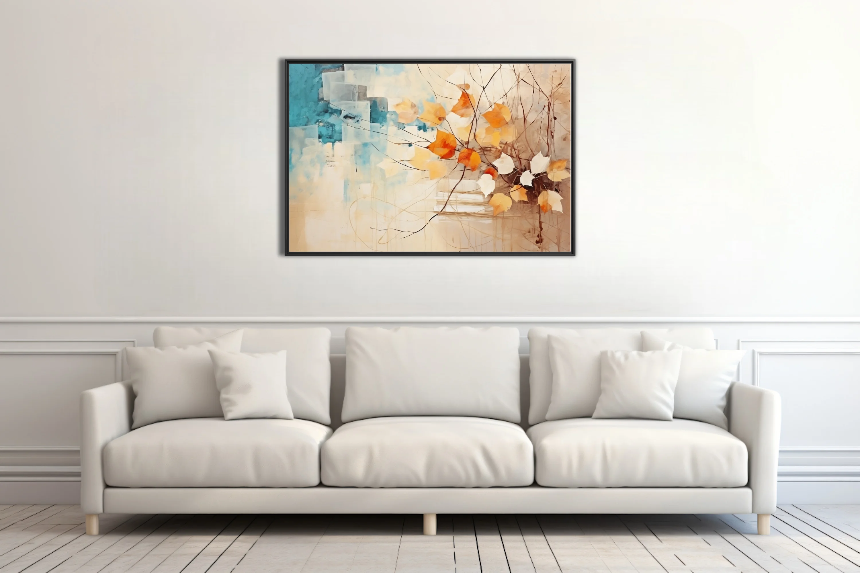 Abstract autumn botanical art with orange leaves, teal geometry, and ink-traced branches