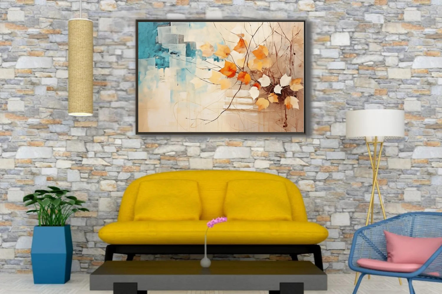 Abstract autumn botanical art with orange leaves, teal geometry, and ink-traced branches