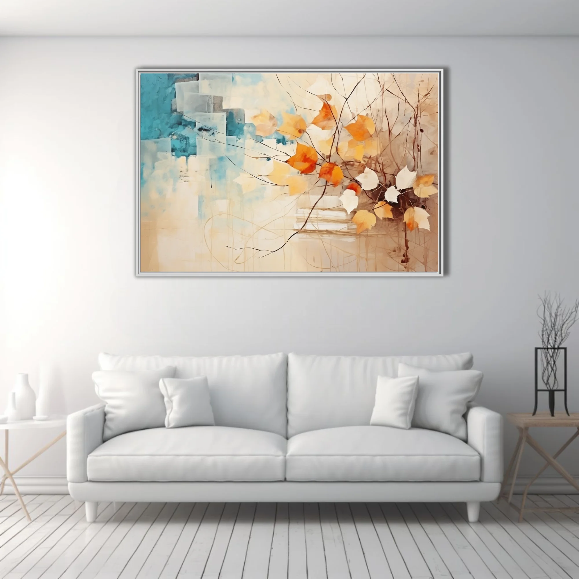 Abstract autumn botanical art with orange leaves, teal geometry, and ink-traced branches