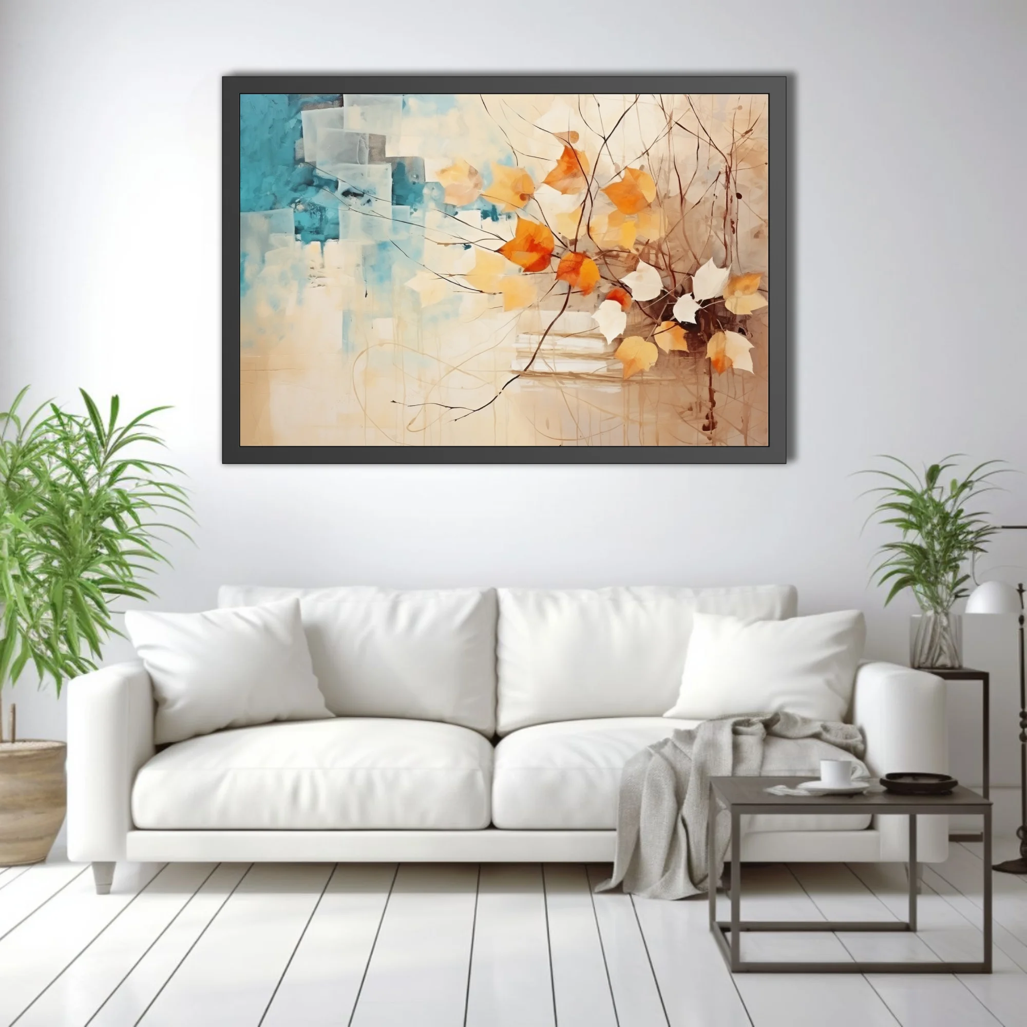 Abstract autumn botanical art with orange leaves, teal geometry, and ink-traced branches