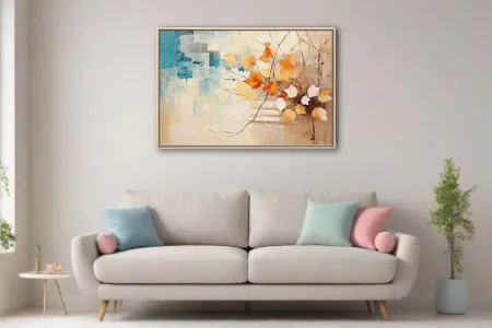 Abstract autumn botanical art with orange leaves, teal geometry, and ink-traced branches