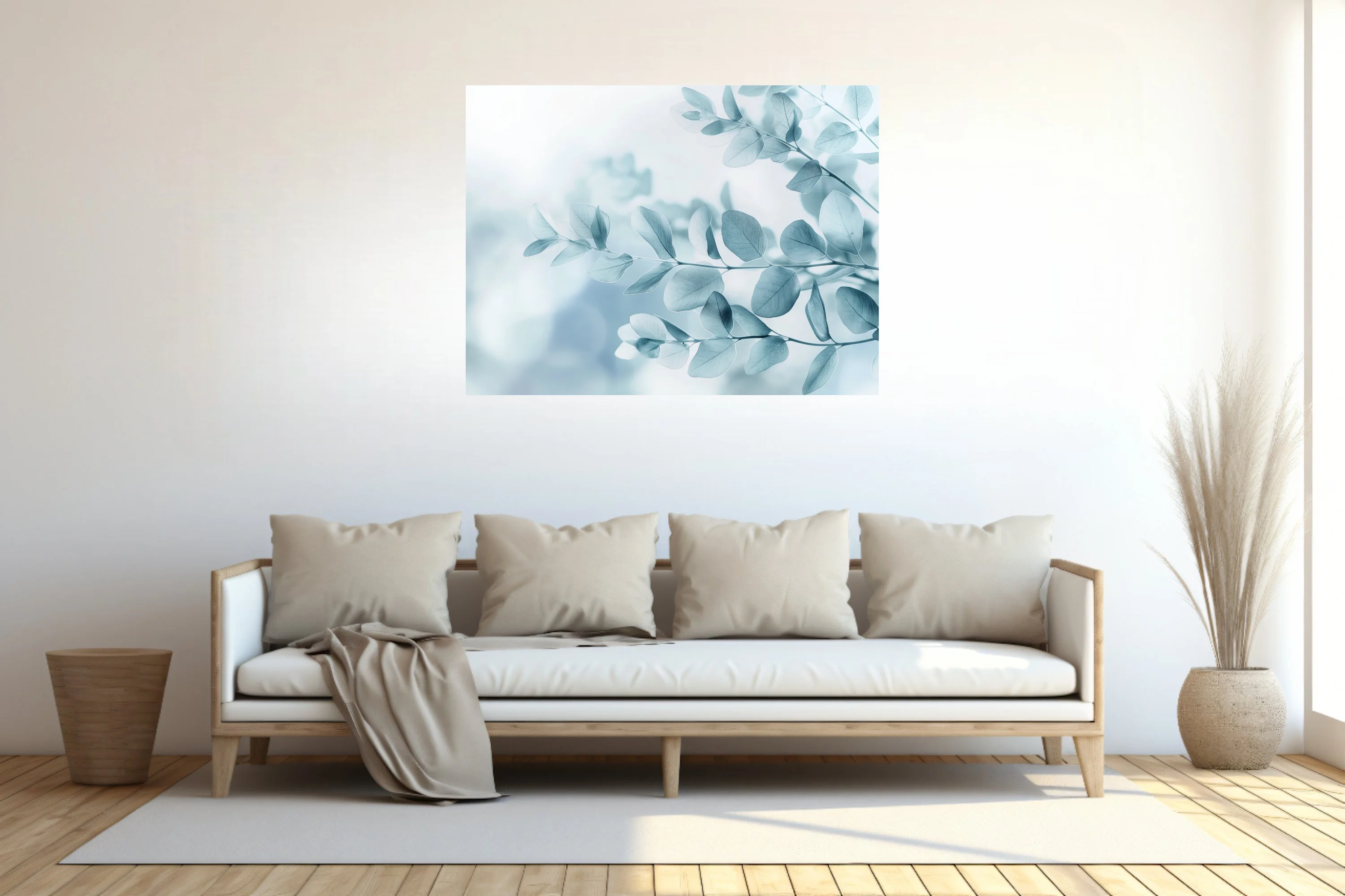Minimalist botanical print of translucent blue-grey eucalyptus leaves on soft white ground
