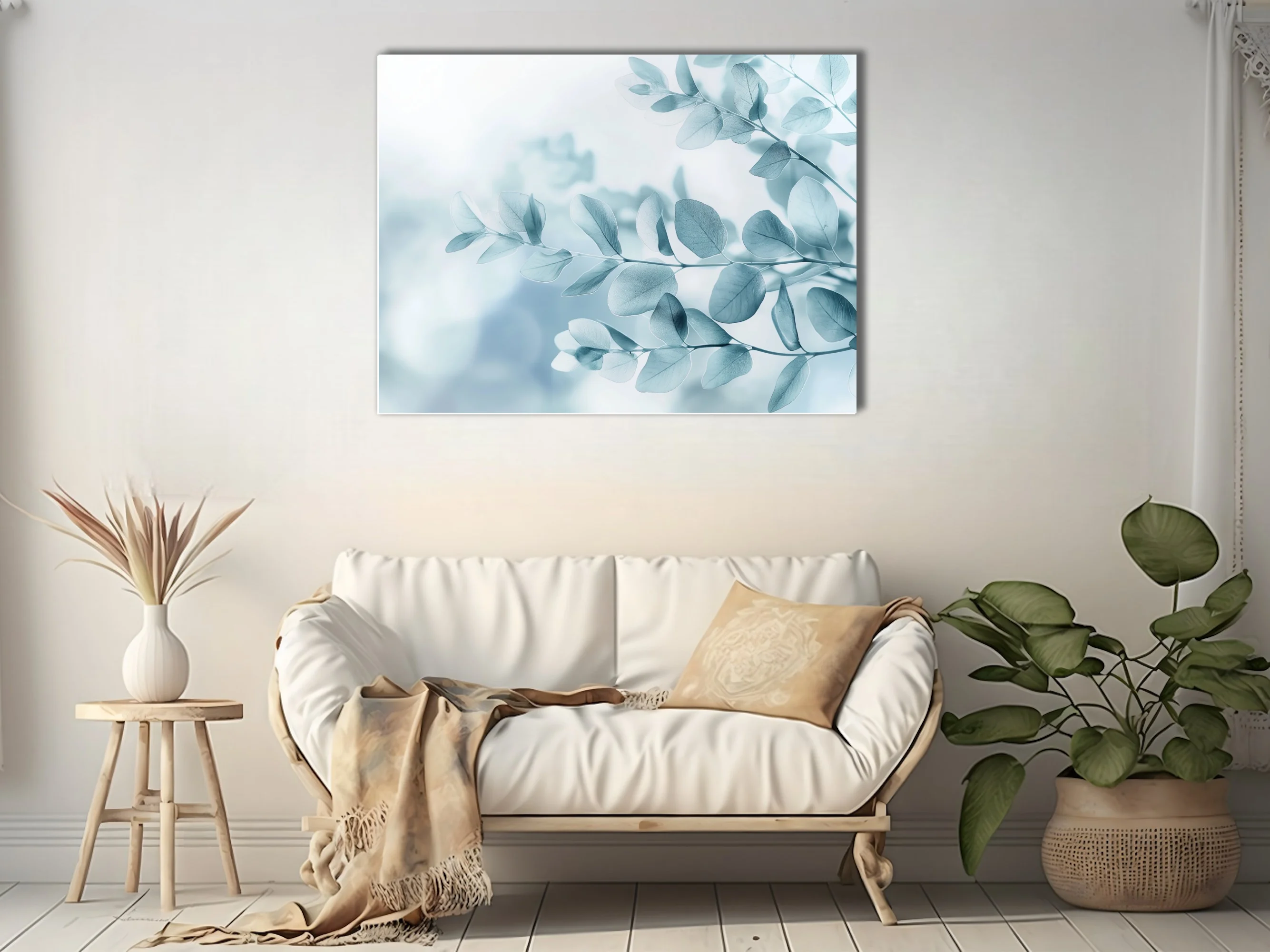Minimalist botanical print of translucent blue-grey eucalyptus leaves on soft white ground