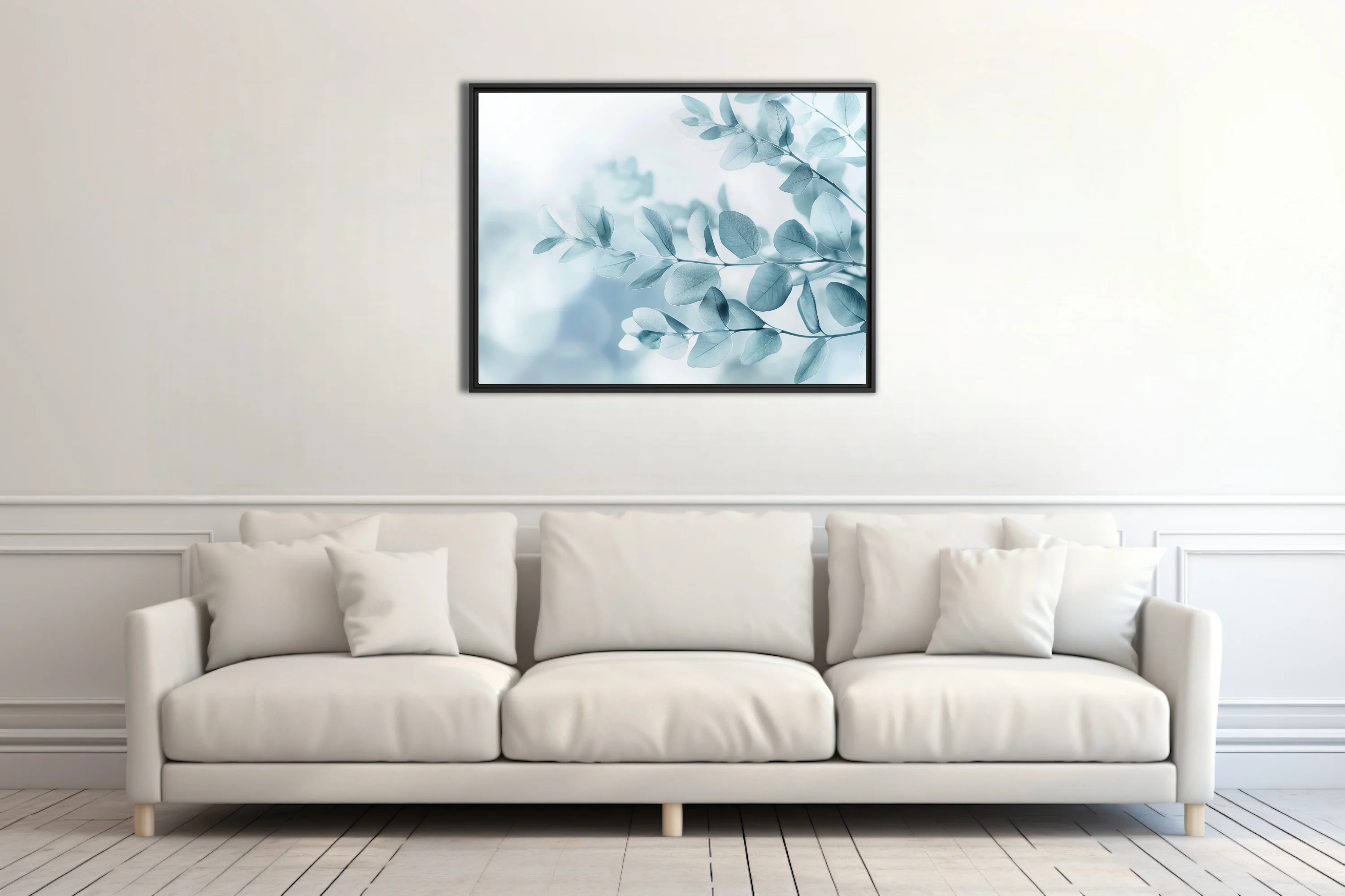 Minimalist botanical print of translucent blue-grey eucalyptus leaves on soft white ground