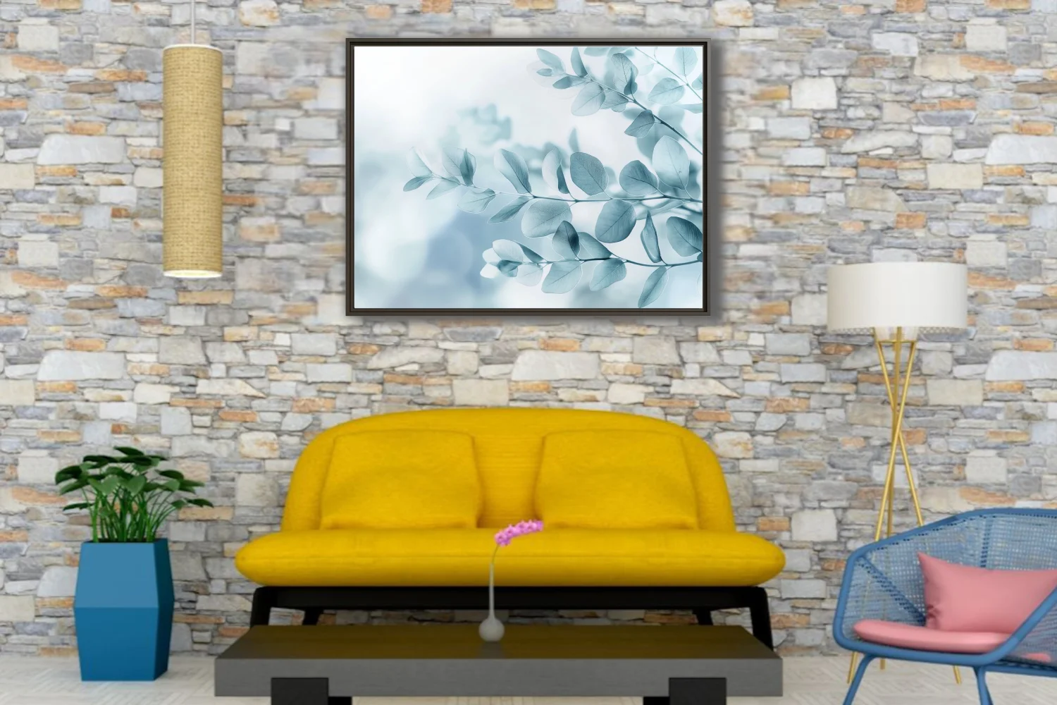 Minimalist botanical print of translucent blue-grey eucalyptus leaves on soft white ground