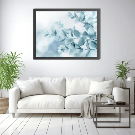 Minimalist botanical print of translucent blue-grey eucalyptus leaves on soft white ground