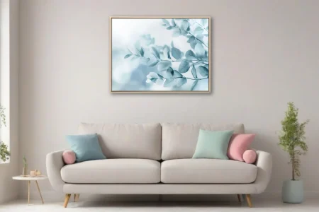 Minimalist botanical print of translucent blue-grey eucalyptus leaves on soft white ground