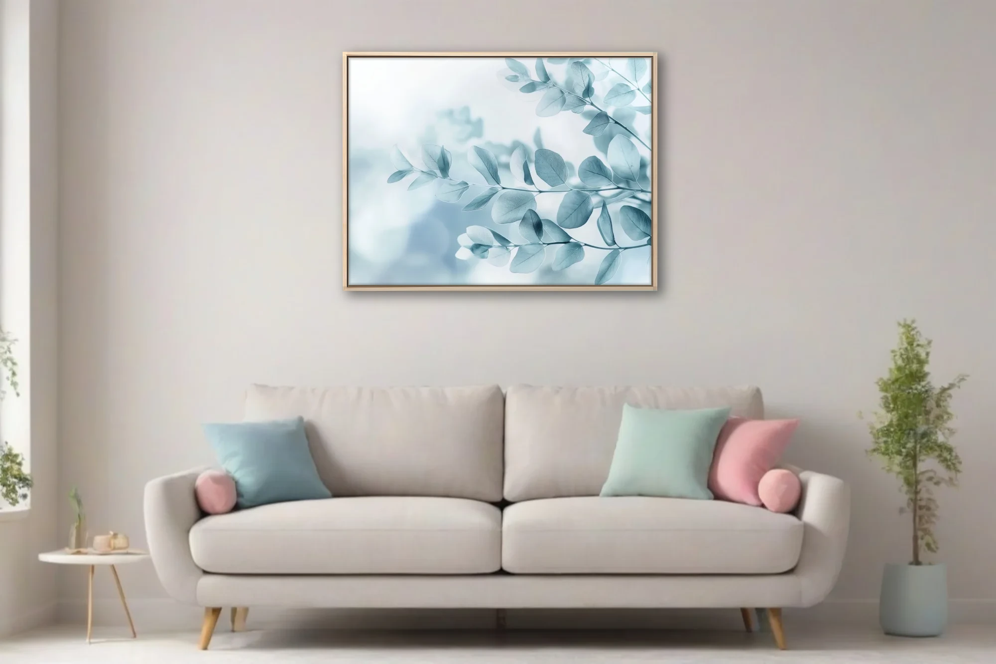 Minimalist botanical print of translucent blue-grey eucalyptus leaves on soft white ground